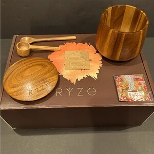 Acacia wooden jar set with one spoon and one scoop. New